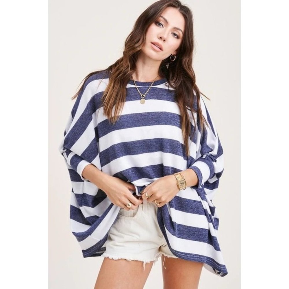 Navy Striped Dolman Top Blue White Oversized